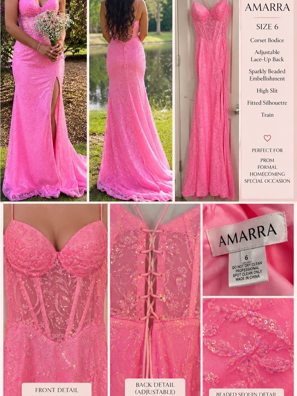 Amarra Pink Sequin Lace-Up Corset Prom Dress